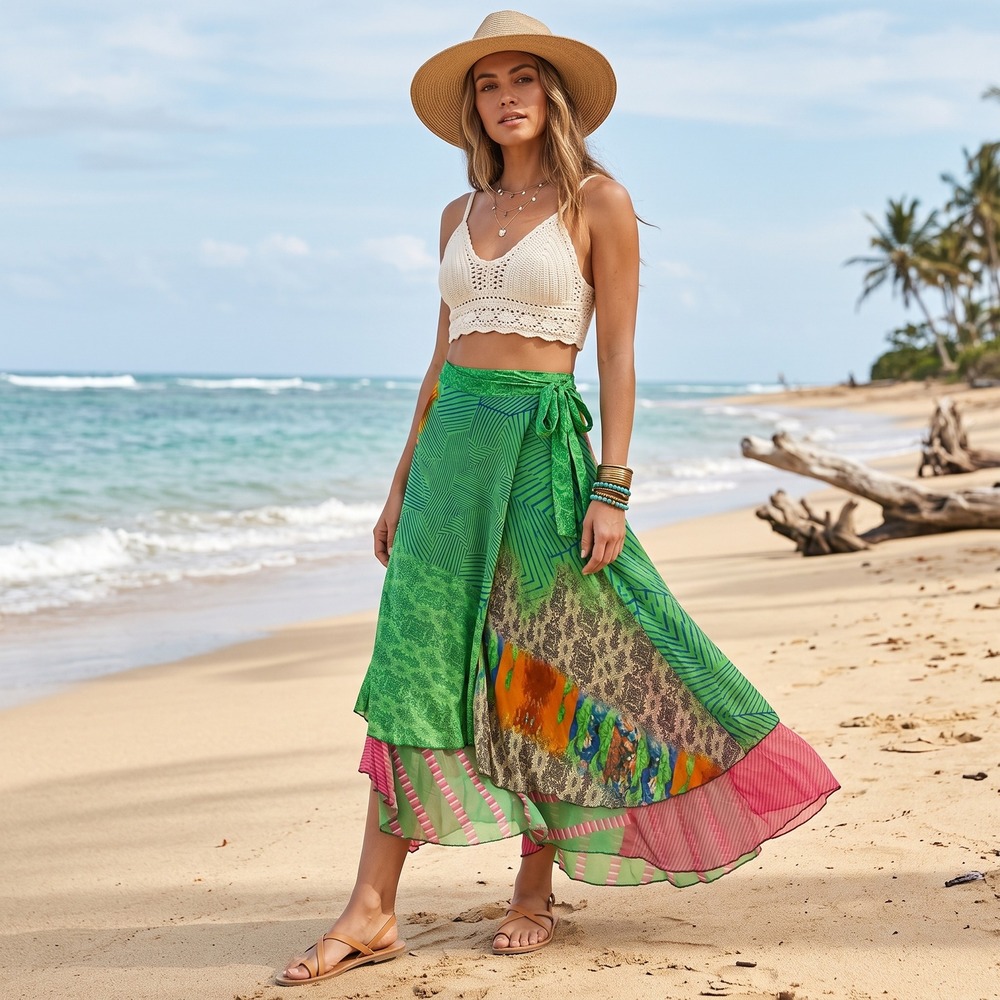 Wrap Skirt Women's One Size Green Patchwork Paisley Boho Rayon Maxi Skirt